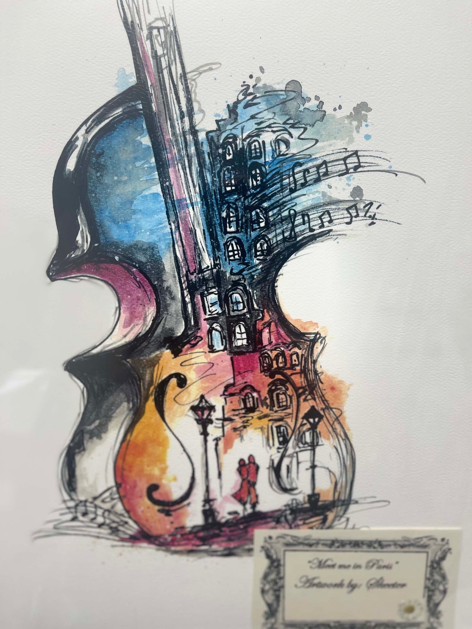 watercolor, rainbow on guitar paris theme art