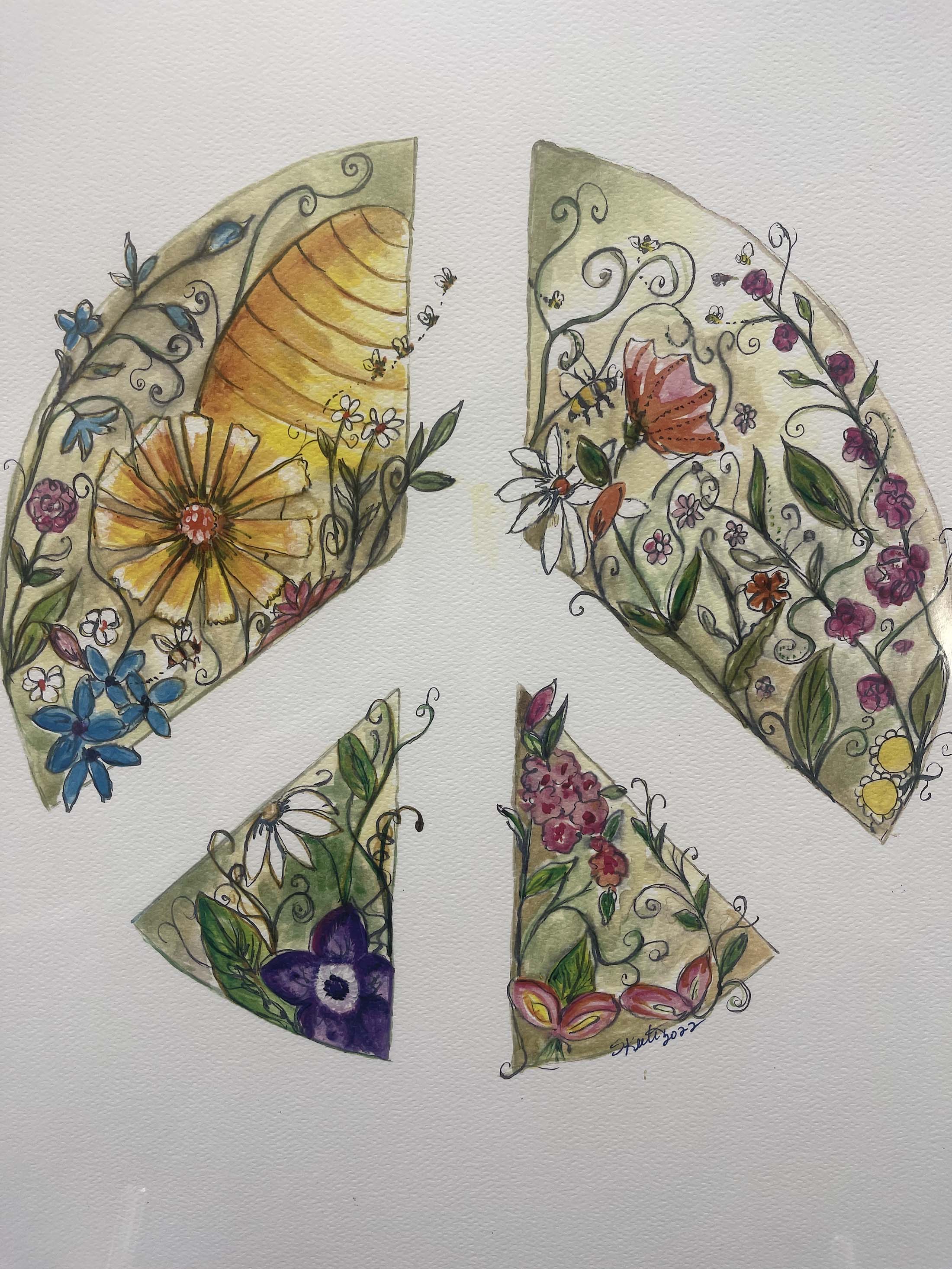 watercolor, peace symbol, flowers, beehive