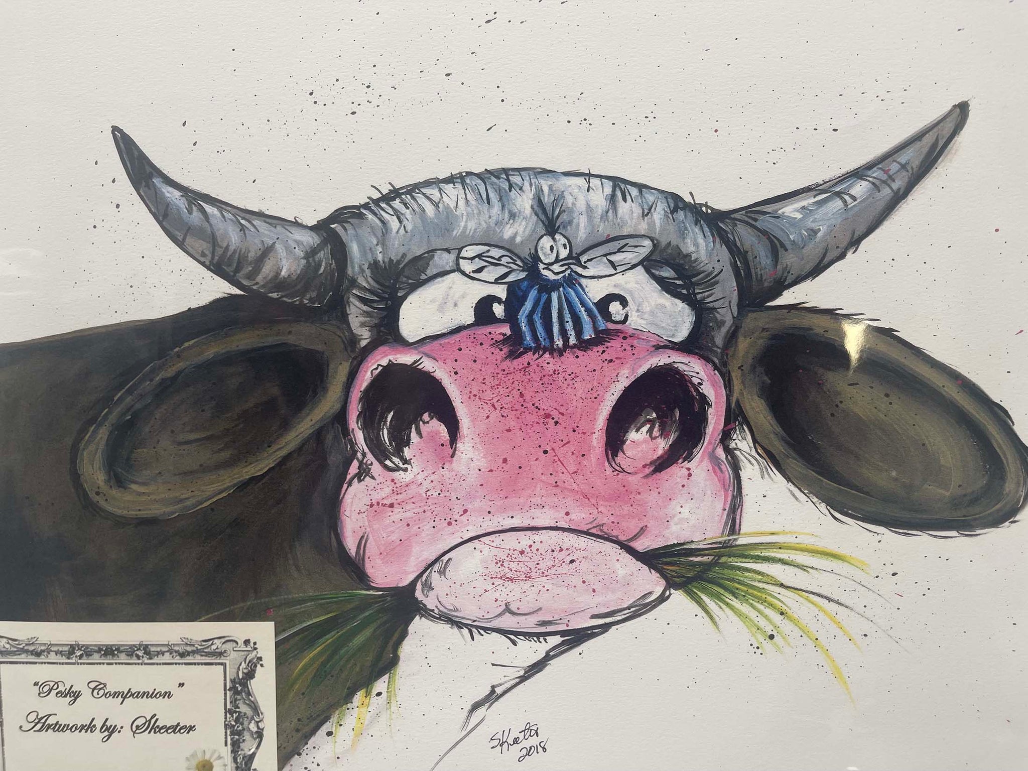 watercolor, cow with fly in his nose