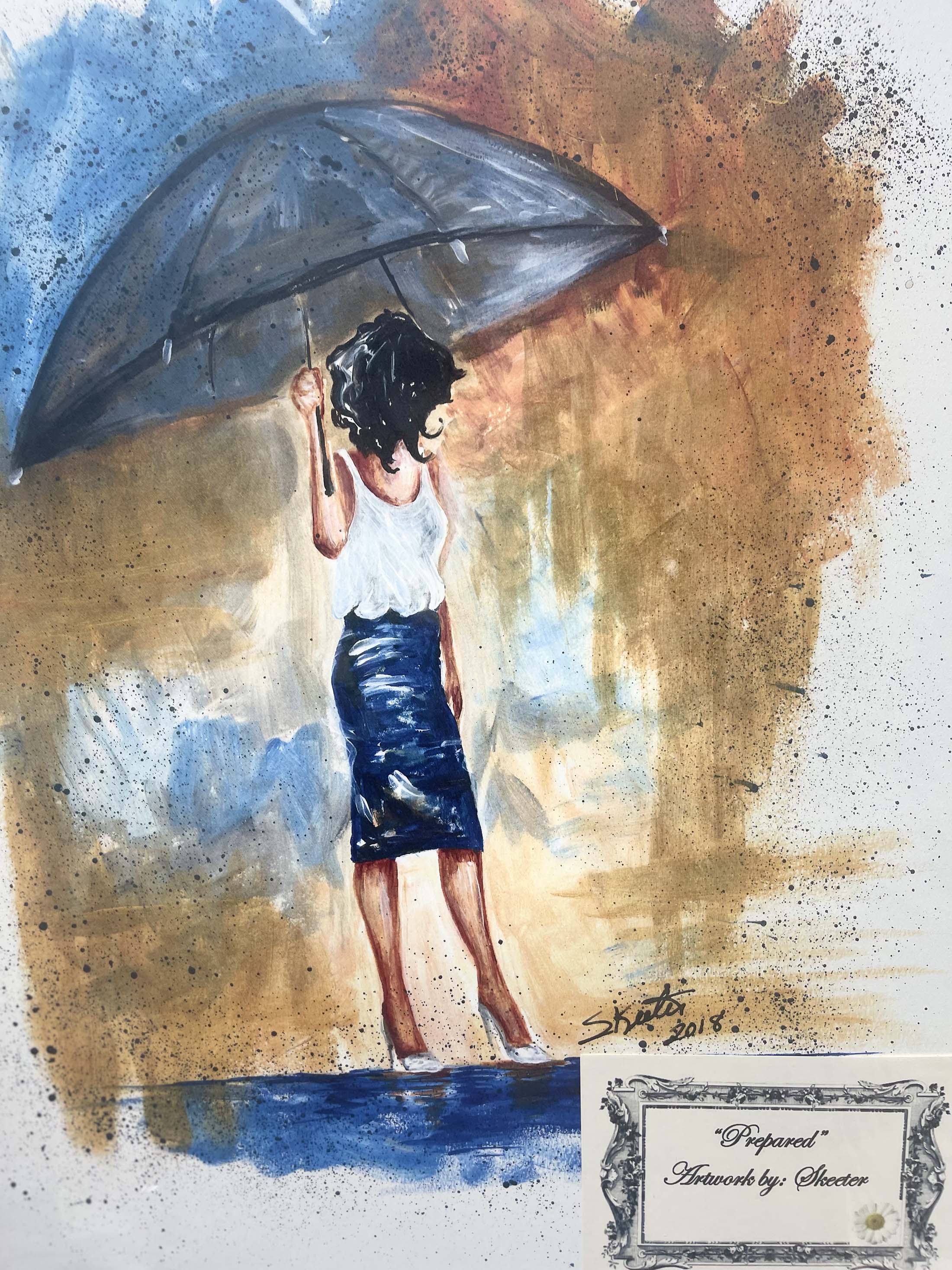 watercolor, women with umbrella wearing white shirt and blue skirt in heels