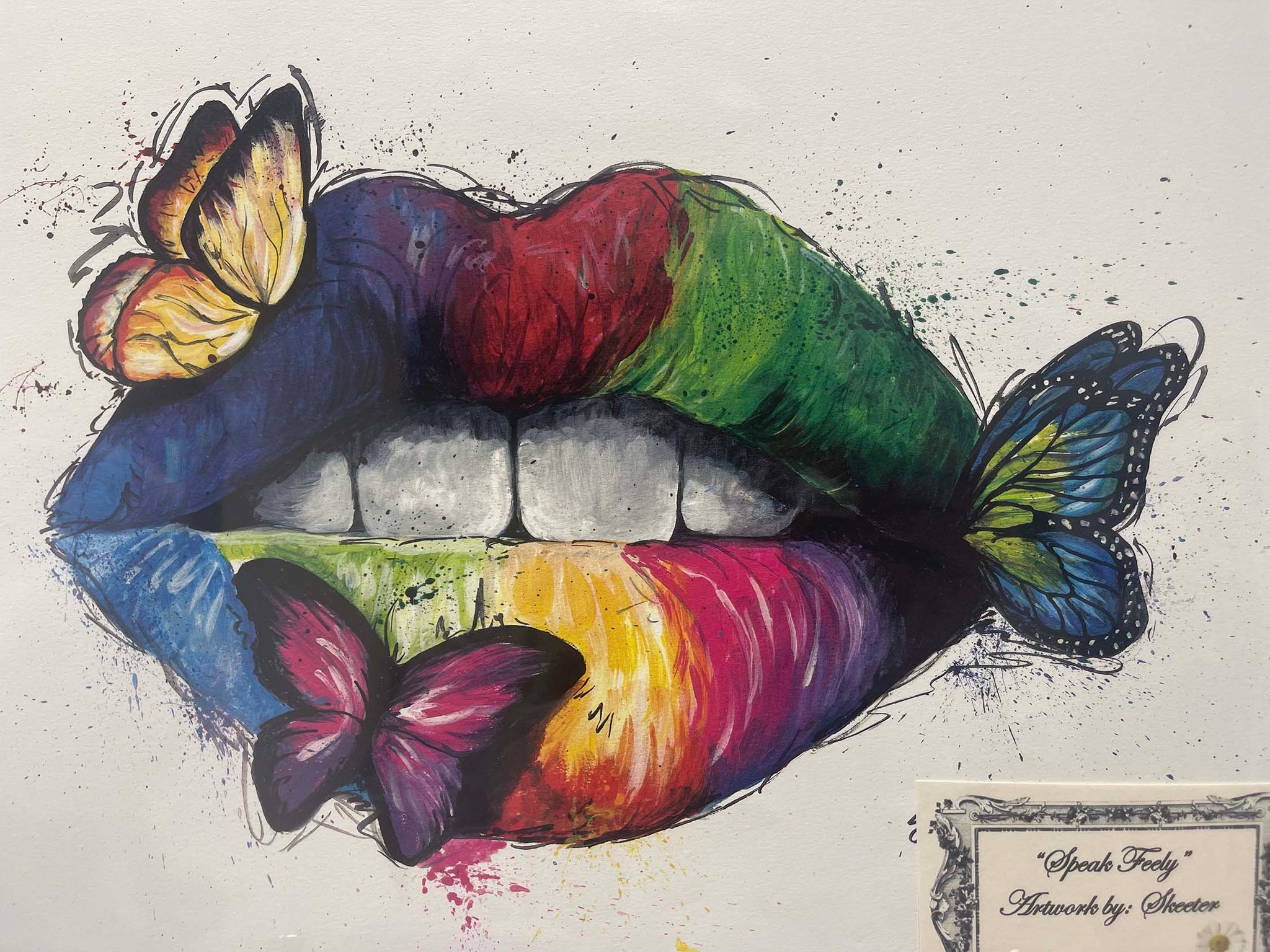 watercolor, lips, rainbow colors, butterflies