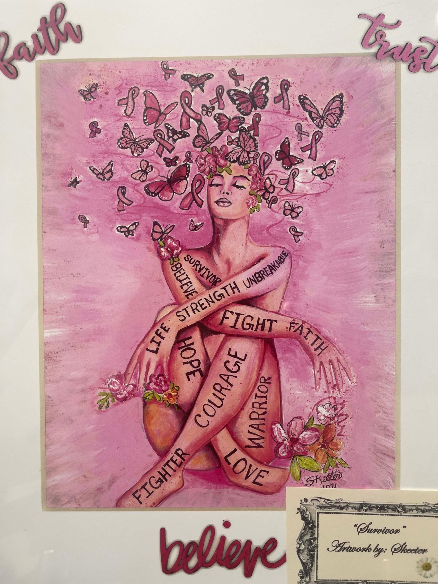 watercolor, survivor, women with pink butterflies and flowers
