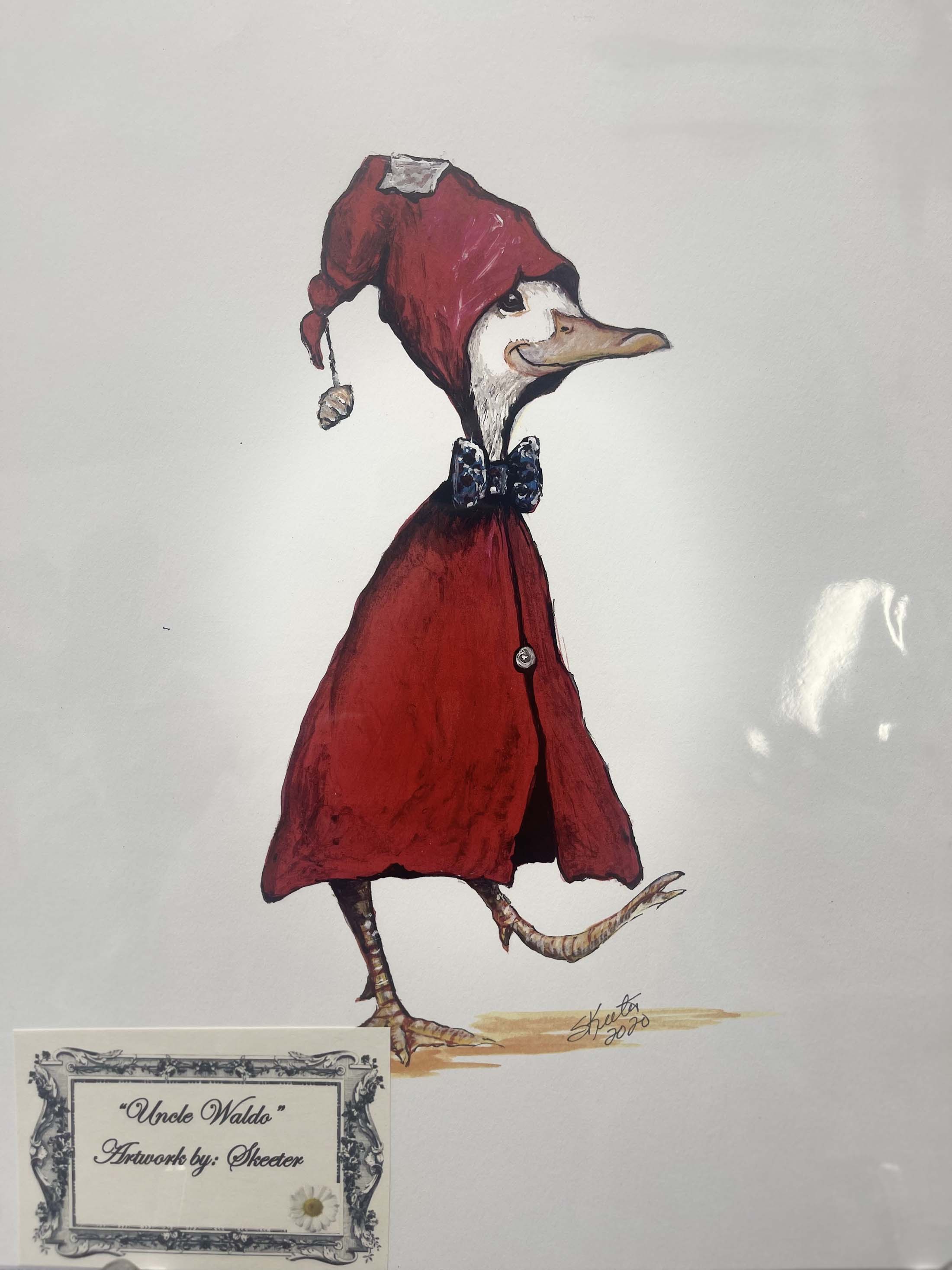 watercolor, duck wearing red jacket and red hat
