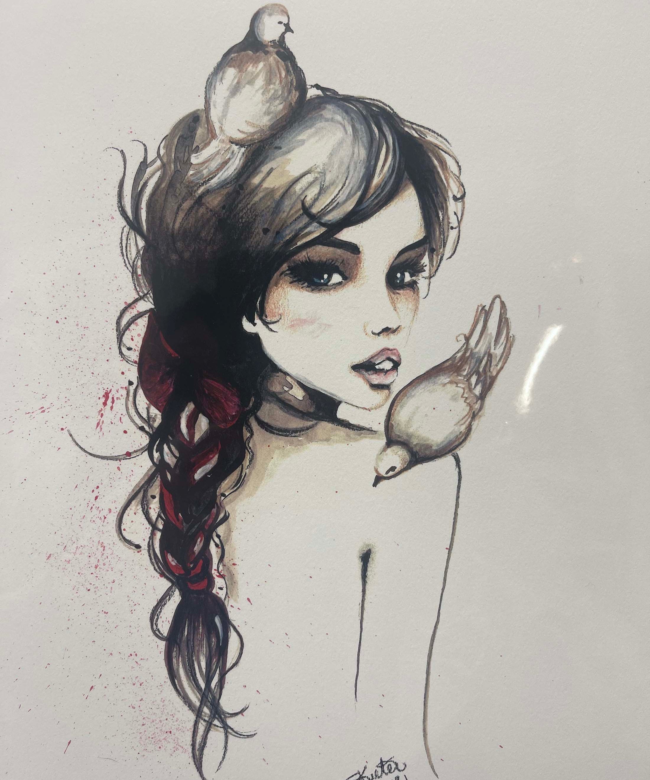 watercolor, women with bird on shoulder