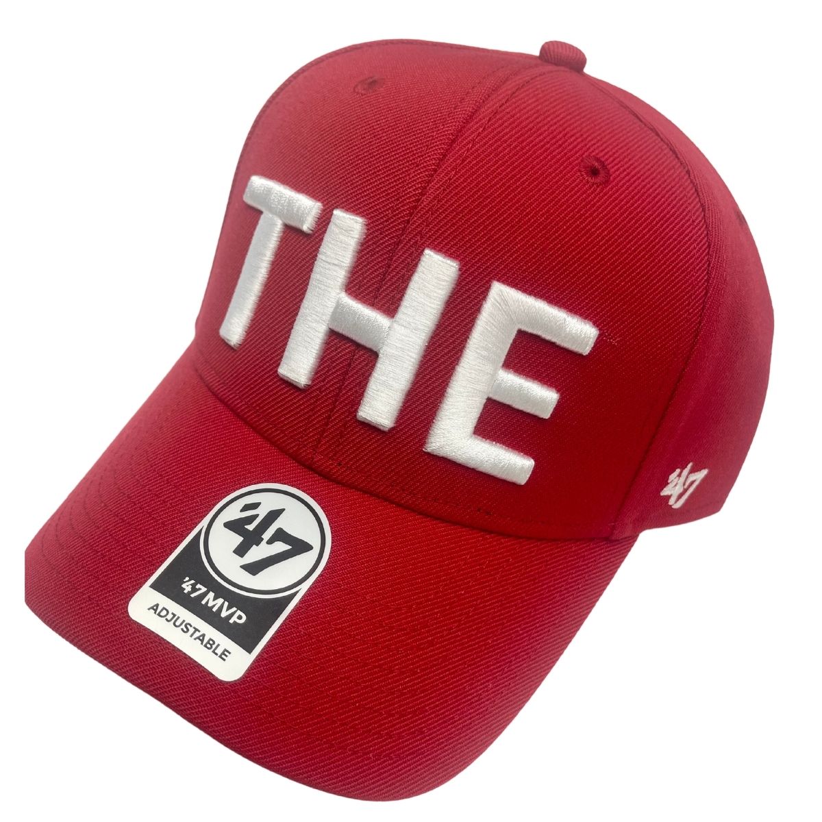 red hat with THE in white text